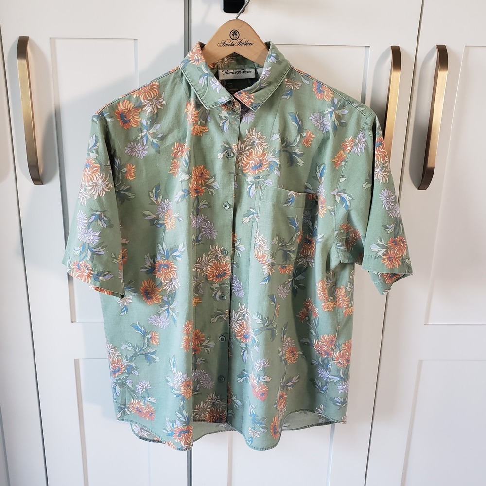 Hunters Glen Floral‎ Button Up Shirt Mens Green Short Sleeve Y2K